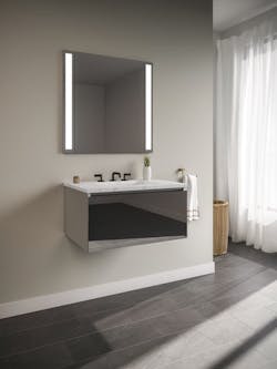 Curated Cartesian Install Lighted Mirror Shallow vanity with Towel Curated Cartesian Install Lighted Mirror Shallow vanity with Towel