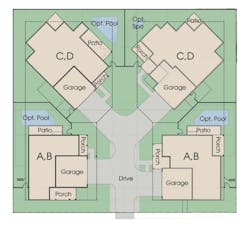 Site plan for the Quad, a group of four detached starter homes Site plan for the Quad, a group of four detached starter homes