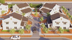 Aerial view of group of four detached starter homes designed by Dawn Michele Evans Aerial view of group of four detached starter homes designed by Dawn Michele Evans