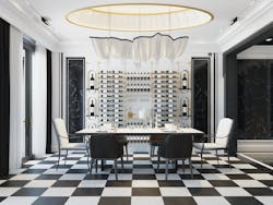 Dining room with brass wine storage rack in background Dining room with brass wine storage rack in background