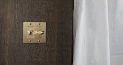 Brass light dimming switch on dark wood wall Brass light dimming switch on dark wood wall