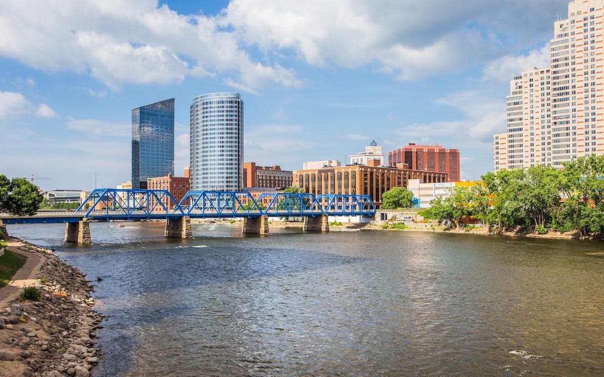 View of the Blue Bridge with Grand Rapids, Mich., skyline behind it
