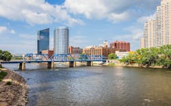View of the Blue Bridge with Grand Rapids, Mich., skyline behind it View of the Blue Bridge with Grand Rapids, Mich., skyline behind it