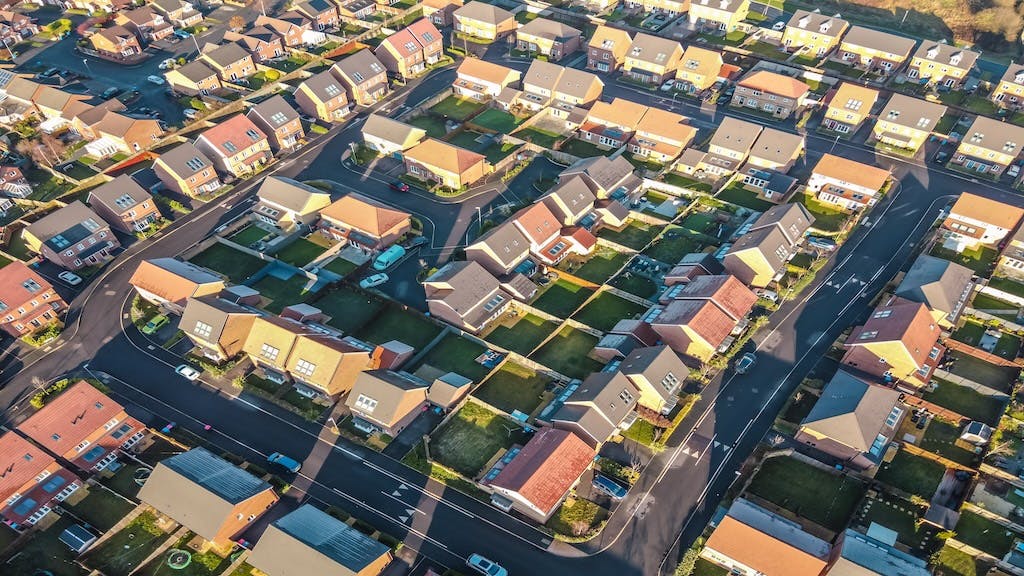 Aerial view of suburban neighborhood