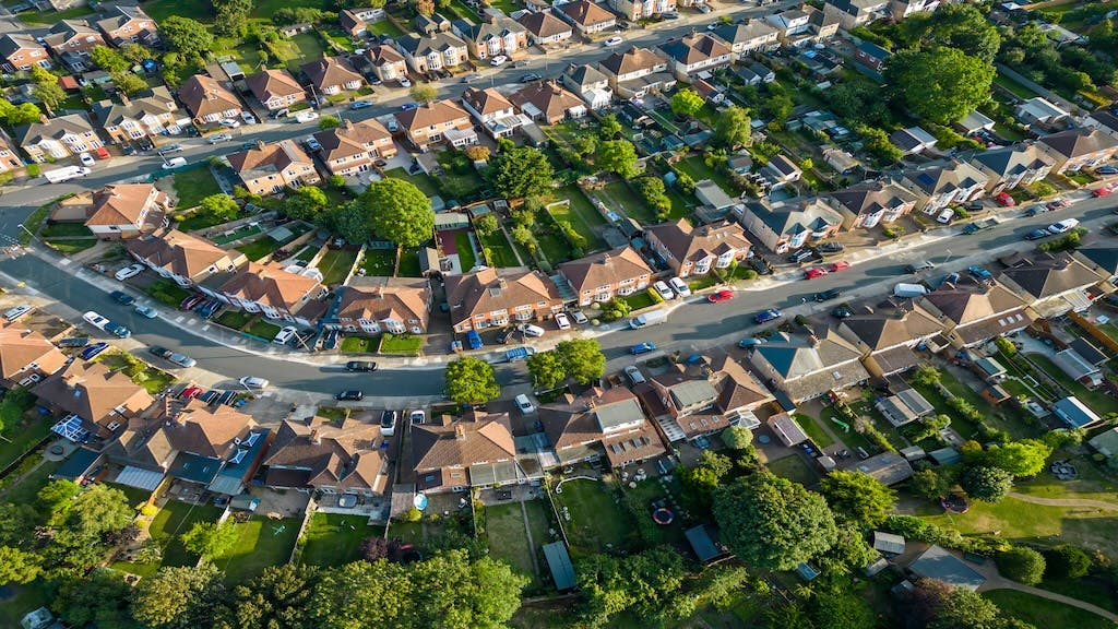 Aerial view of suburban area with homes
