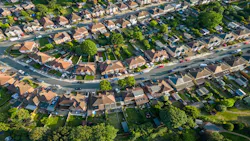 Aerial view of suburban area with homes