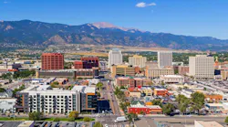 Downtown Colorado Springs, Colo. with Pikes Peak in the background