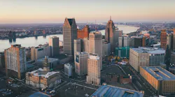 Detroit city skyline at sunset