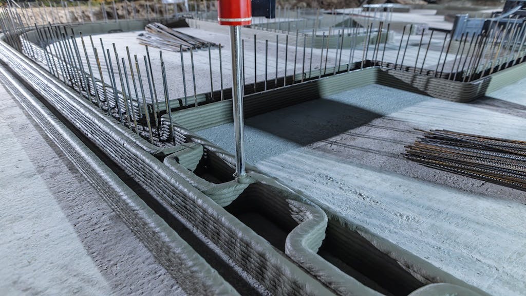 A 3D printer working on creating the walls of a home