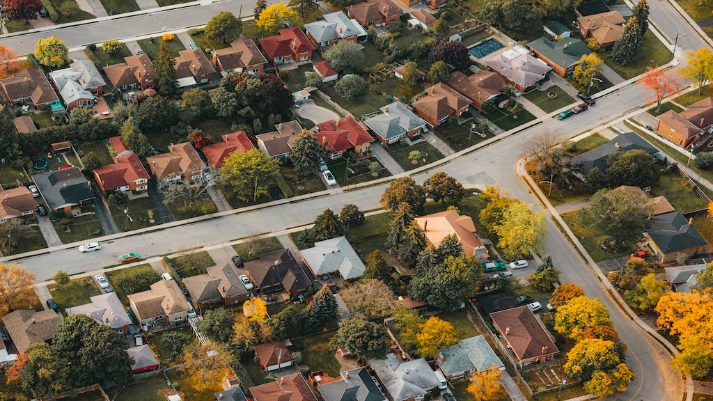 Aerial view of a suburban neighborhood