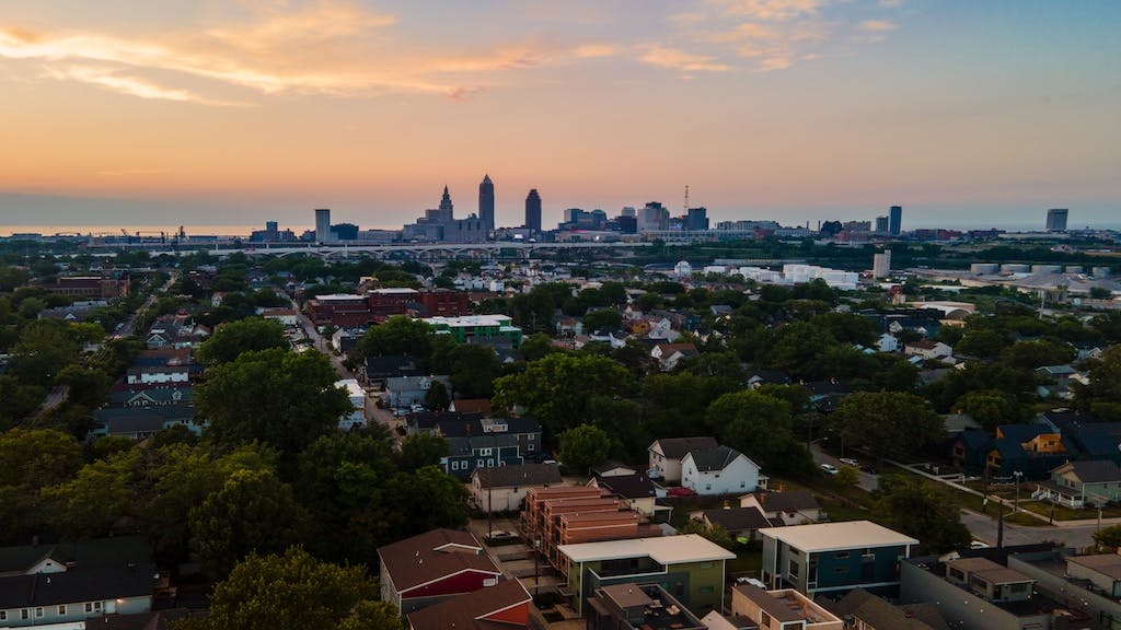 Neighborhood in Cleveland, Ohio, with city skyline in the background