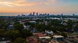 Neighborhood in Cleveland, Ohio, with city skyline in the background
