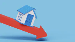 Home sales downward trend shows model of house on down-facing red arrow