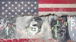 Closeup of Benjamin Franklin's face on a U.S. banknote with stock market chart graph and part of the U.S. flag Closeup of Benjamin Franklin's face on a U.S. banknote with stock market chart graph and part of the U.S. flag