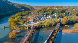 Aerial view of Harpers Ferry, West Virginia, where the Potomac and Shenandoah rivers meet