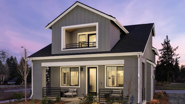 Front elevation of Centre Cottages' Dewberry Plan by Dahlin Architecture | Planning | Interiors