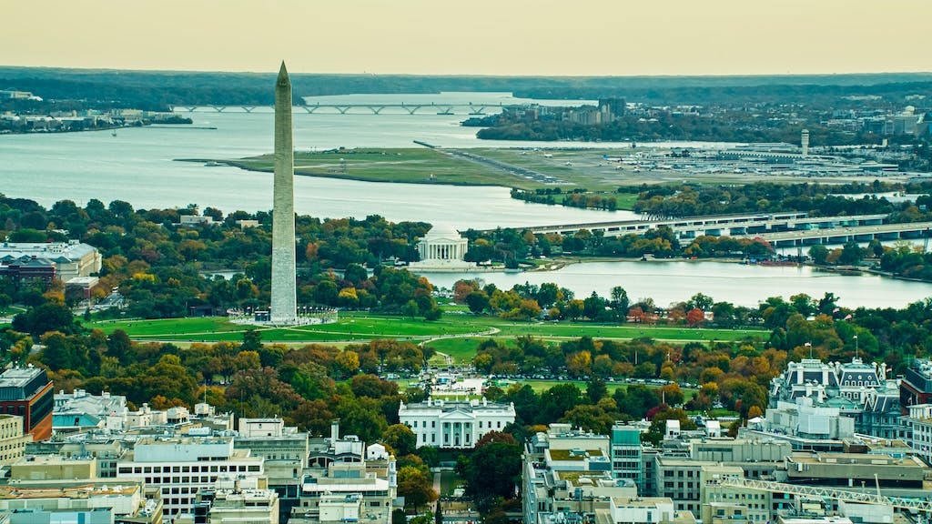Aerial view of Washington, D.C., with Washington Monument