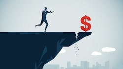 Man runs toward red dollar sign teetering on edge of tax cliff Man runs toward red dollar sign teetering on edge of tax cliff