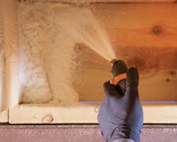 DAP's Wall and Cavity Foam single-component spray foam being sprayed onto a wall DAP's Wall and Cavity Foam single-component spray foam being sprayed onto a wall