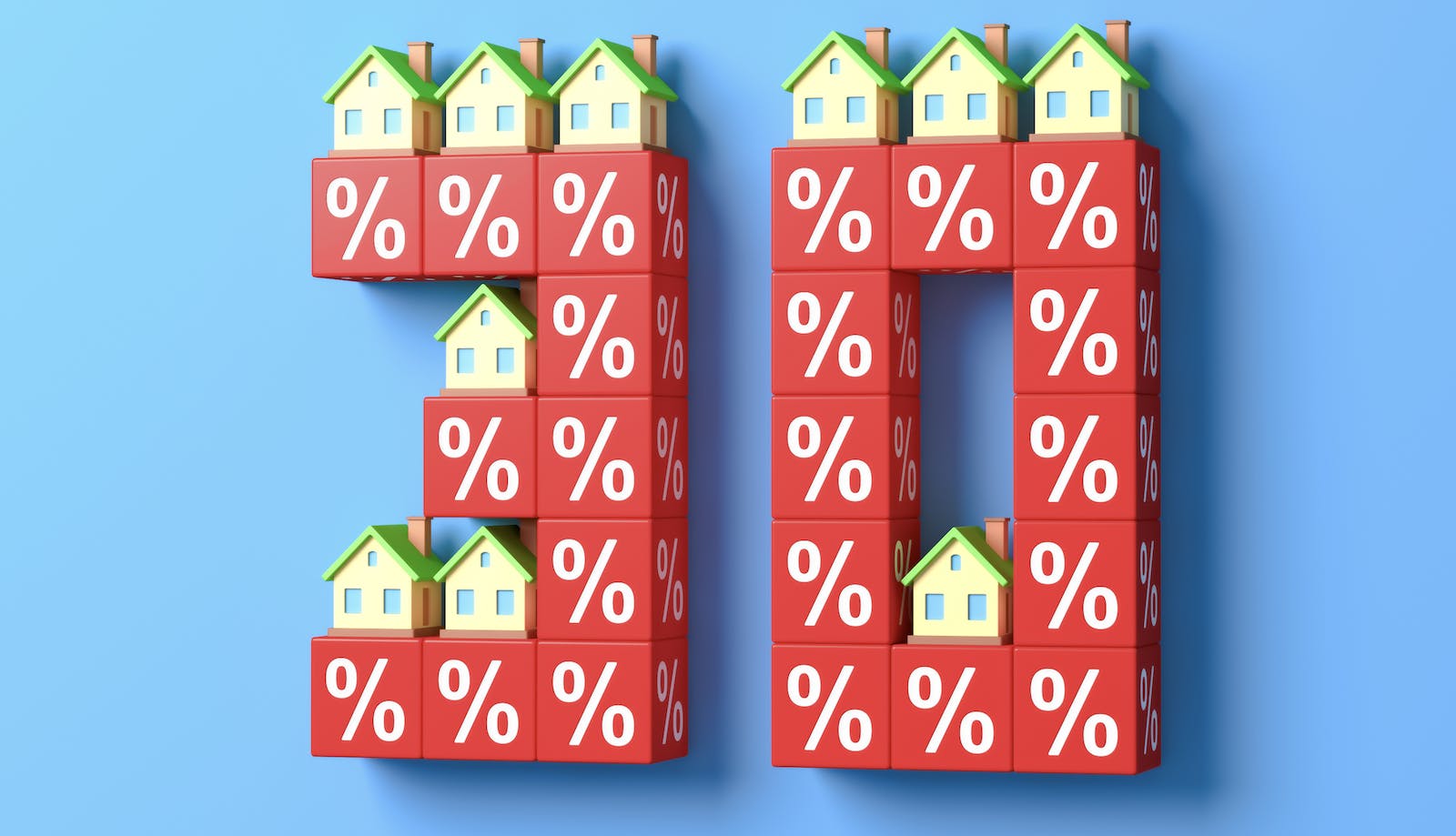 Blocks and model houses showing 30% cost burden of housing