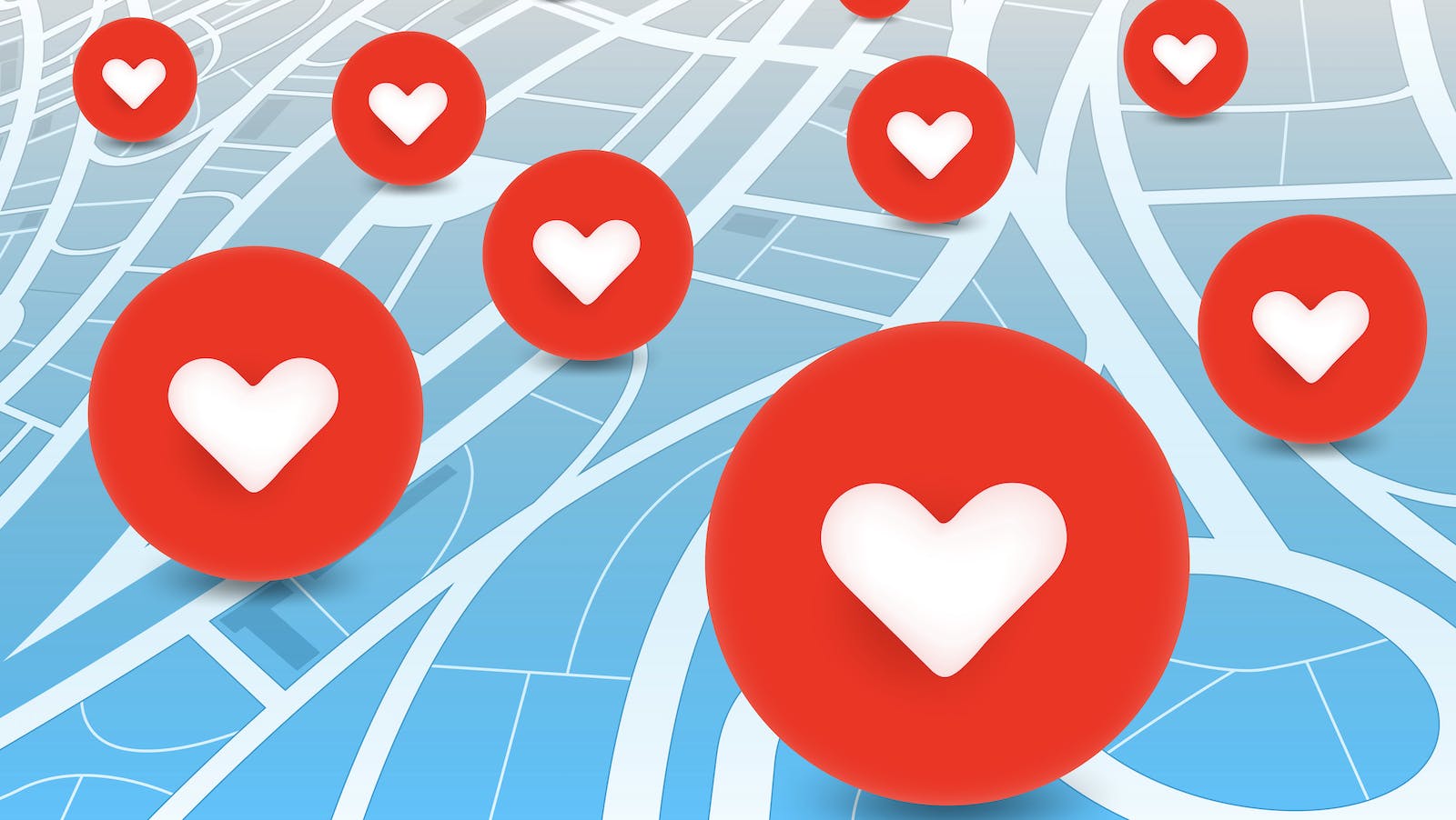 Abstract city map with red hearts symbols representing neighborhoods that are homebuyer favorites