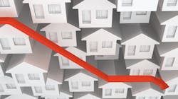 Red downward arrow over backdrop of white and gray houses represents steep drop in new-home sales Red downward arrow over backdrop of white and gray houses represents steep drop in new-home sales