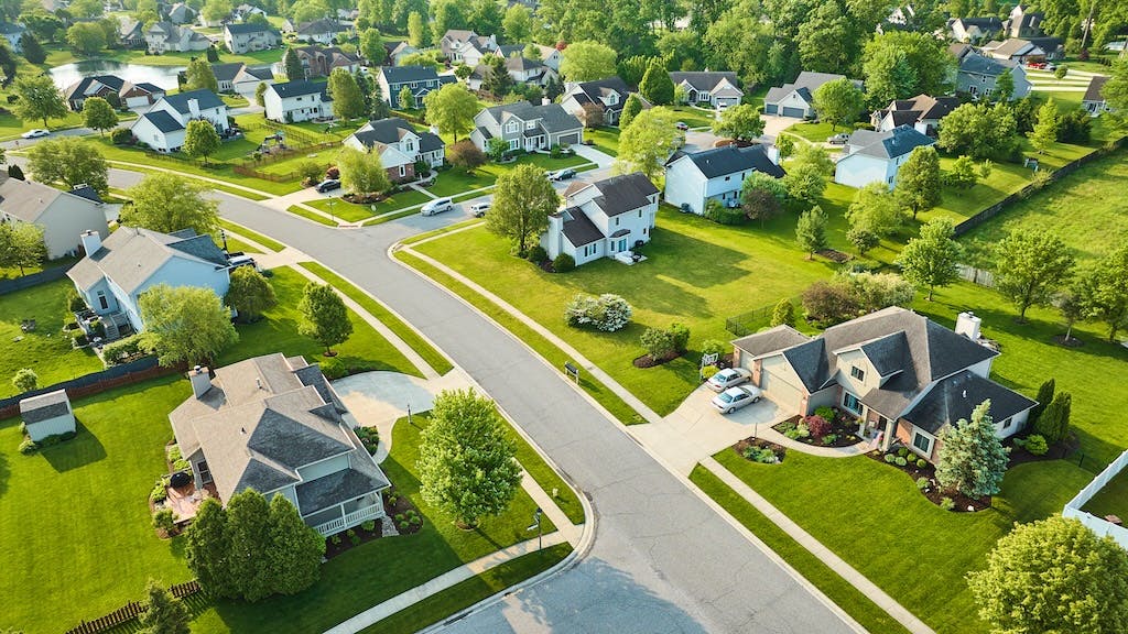 Aerial view of a suburban neighborhood of homes