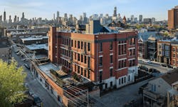 Aerial view of Peabody School apartments exterior including the roof Aerial view of Peabody School apartments exterior including the roof