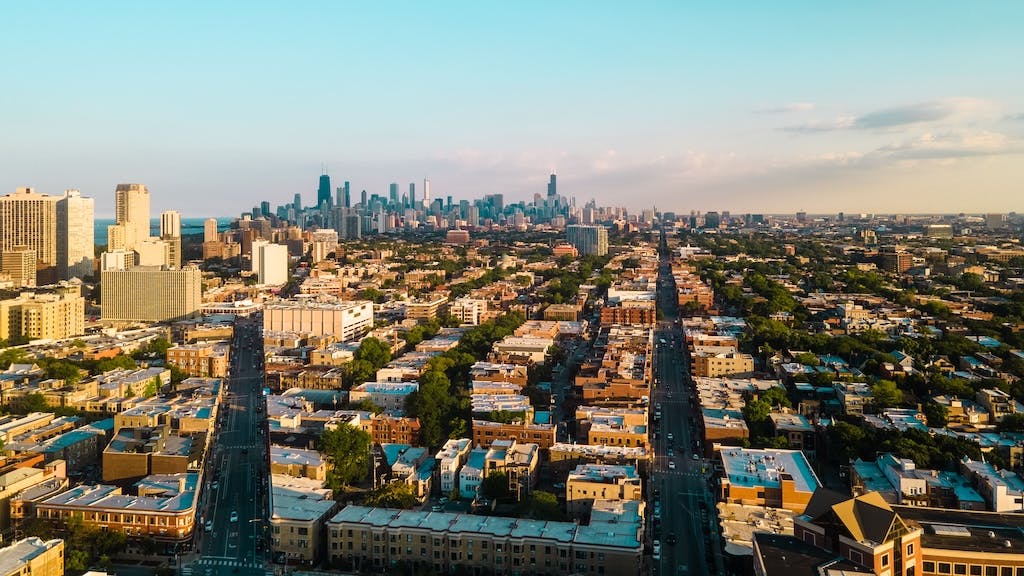 Distant view of downtown Chicago from the outskirts of the metro area