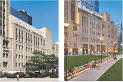 Before and after images of the Chicago Tribune building's Pioneer Court Before and after images of the Chicago Tribune building's Pioneer Court