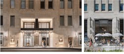 Lobby entrance (left) from Illinois Street to the Tribune Tower's new residences and Pioneer Court retail (right). Lobby entrance (left) from Illinois Street to the Tribune Tower's new residences and Pioneer Court retail (right).