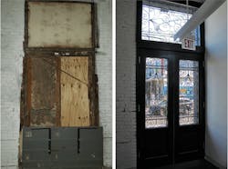Before and after images of the A & Indiana adaptive reuse project's entryway Before and after images of the A & Indiana adaptive reuse project's entryway