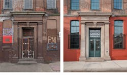 Before and after images of the A & Indiana adaptive reuse project's entryway as seen from the street Before and after images of the A & Indiana adaptive reuse project's entryway as seen from the street