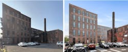Before and after images of the exterior of the A & Indiana warehouse adaptive reuse project Before and after images of the exterior of the A & Indiana warehouse adaptive reuse project