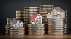 Three home models sit on top of stacks of coins, each representing different levels of home equity