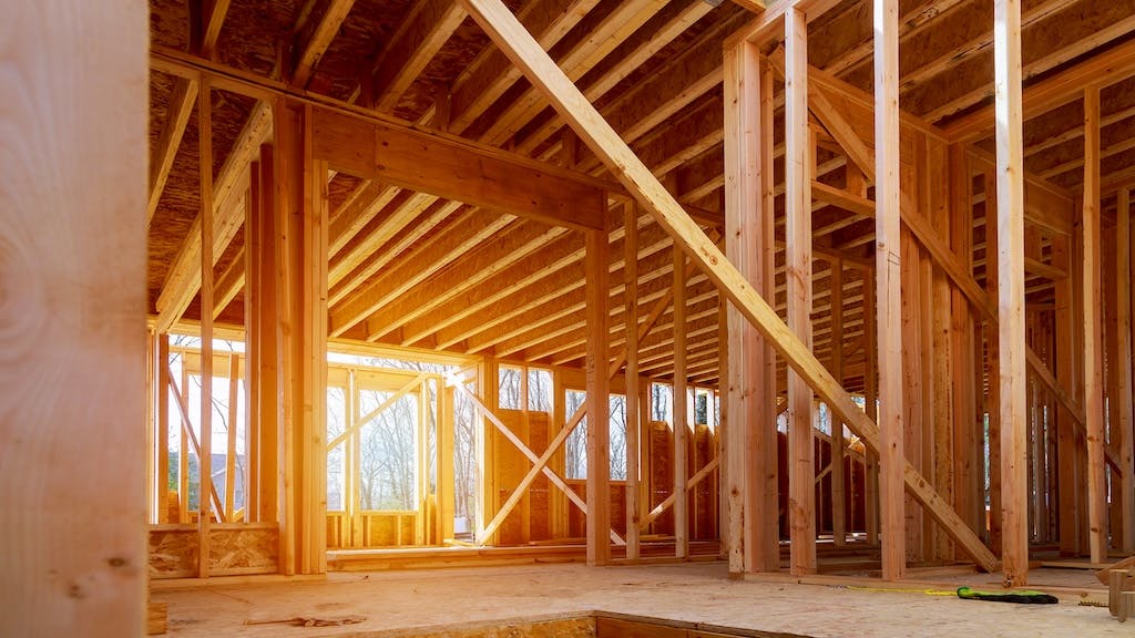 The interior of a home under construction as single-family starts rise.