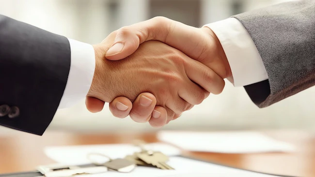 Two businessmen shaking hands on a deal represents the acquisition of Azek by James Hardie.