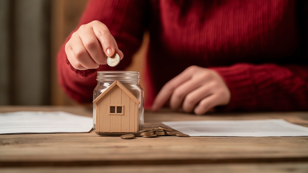 A woman places coins in a jar with a model home in it, indicating saving for a home down payment.