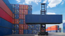 A cargo container being picked up by a forklift as the Trump administration's tariffs go into effect.