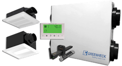 Greenheck's simple and affordable indoor air quality system combines a Greenheck SYNC180™ advanced energy recovery ventilator (ERV) with a Haven Central Air Monitor & Controller to automate activation of the ERV's high-speed setting when poor indoor air quality is detected. Individual bathroom fan units help with spot ventilation. Greenheck's simple and affordable indoor air quality system combines a Greenheck SYNC180™ advanced energy recovery ventilator (ERV) with a Haven Central Air Monitor & Controller to automate activation of the ERV's high-speed setting when poor indoor air quality is detected. Individual bathroom fan units help with spot ventilation.