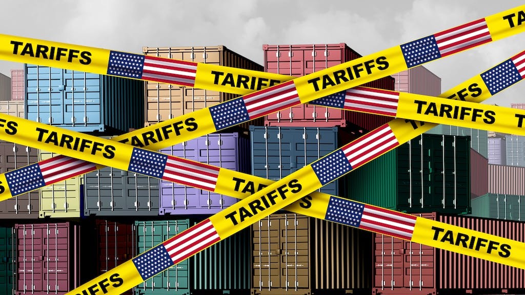 Conceptual drawing of American tariffs on shipping containers as Trump tariffs take effect.
