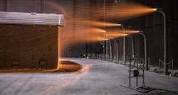 Controlled ember exposure test on a building simulates a wildfire. Controlled ember exposure test on a building simulates a wildfire.