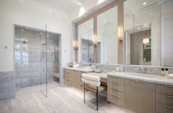 The vanity and shower in the primary bathroom of Cascade House designed by Stofft Cooney Architects. The vanity and shower in the primary bathroom of Cascade House designed by Stofft Cooney Architects.