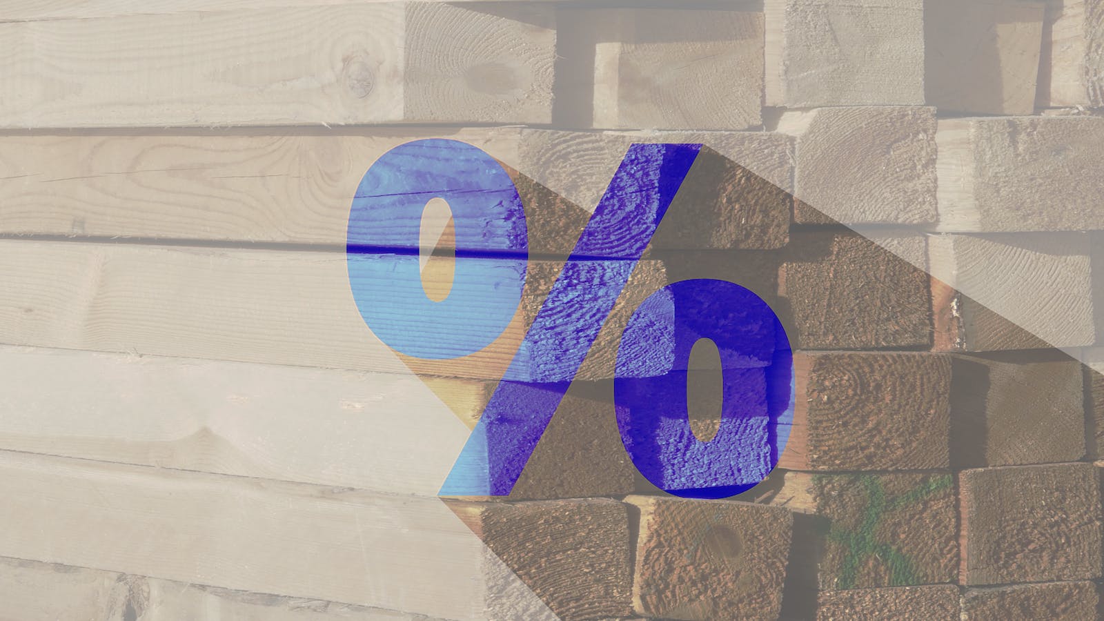 Stacked lumber with percent symbol indicates the effect of tariffs on construction materials pricing