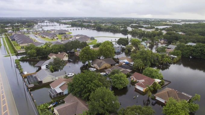 Aerial view of flooded neighborhood in Sarasota, Fla.