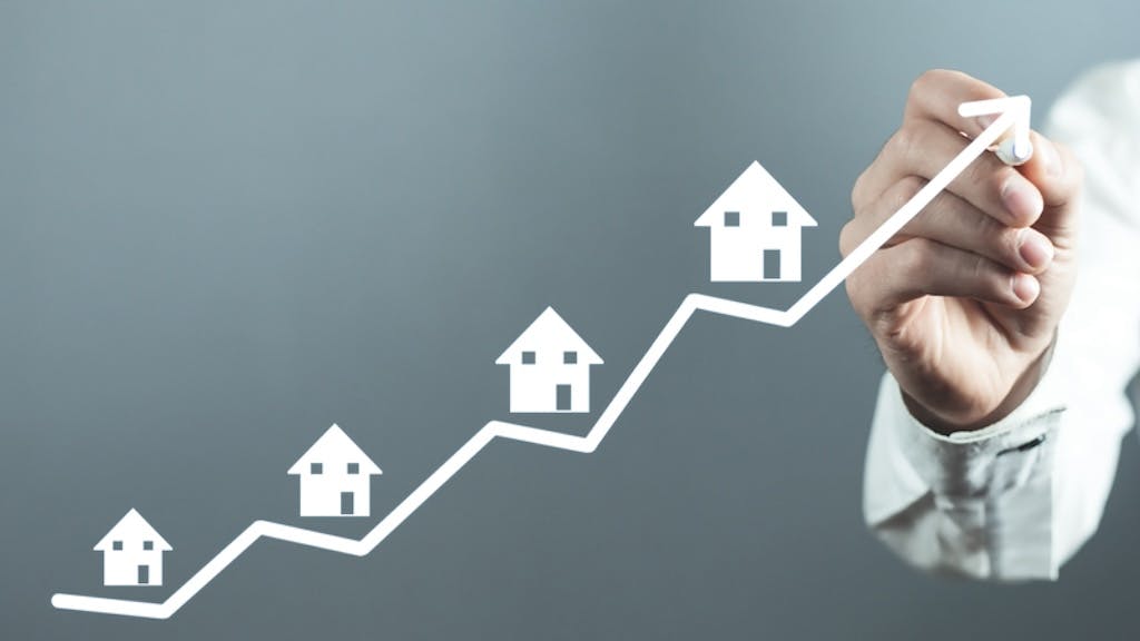 Houses along upward pointing arrow indicate an increase in home prices