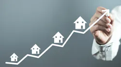 Houses along upward pointing arrow indicate an increase in home prices
