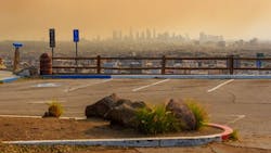 Los Angeles city skyline in orange haze caused by wildfire Los Angeles city skyline in orange haze caused by wildfire