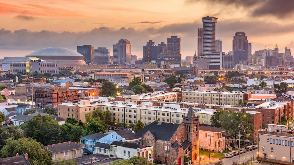 New Orleans neighborhood with city skyline in the background