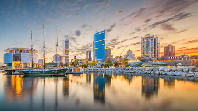 Milwaukee city skyline at sunset